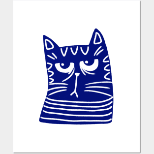 Blue and white cat head with grumpy face Posters and Art